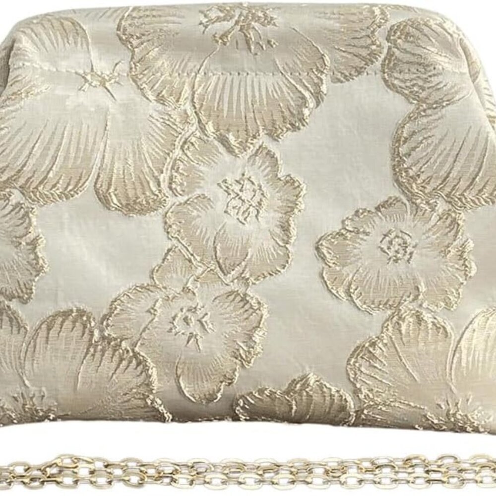 Elegant Floral Embossed Cream Clutch with Gold Chain
